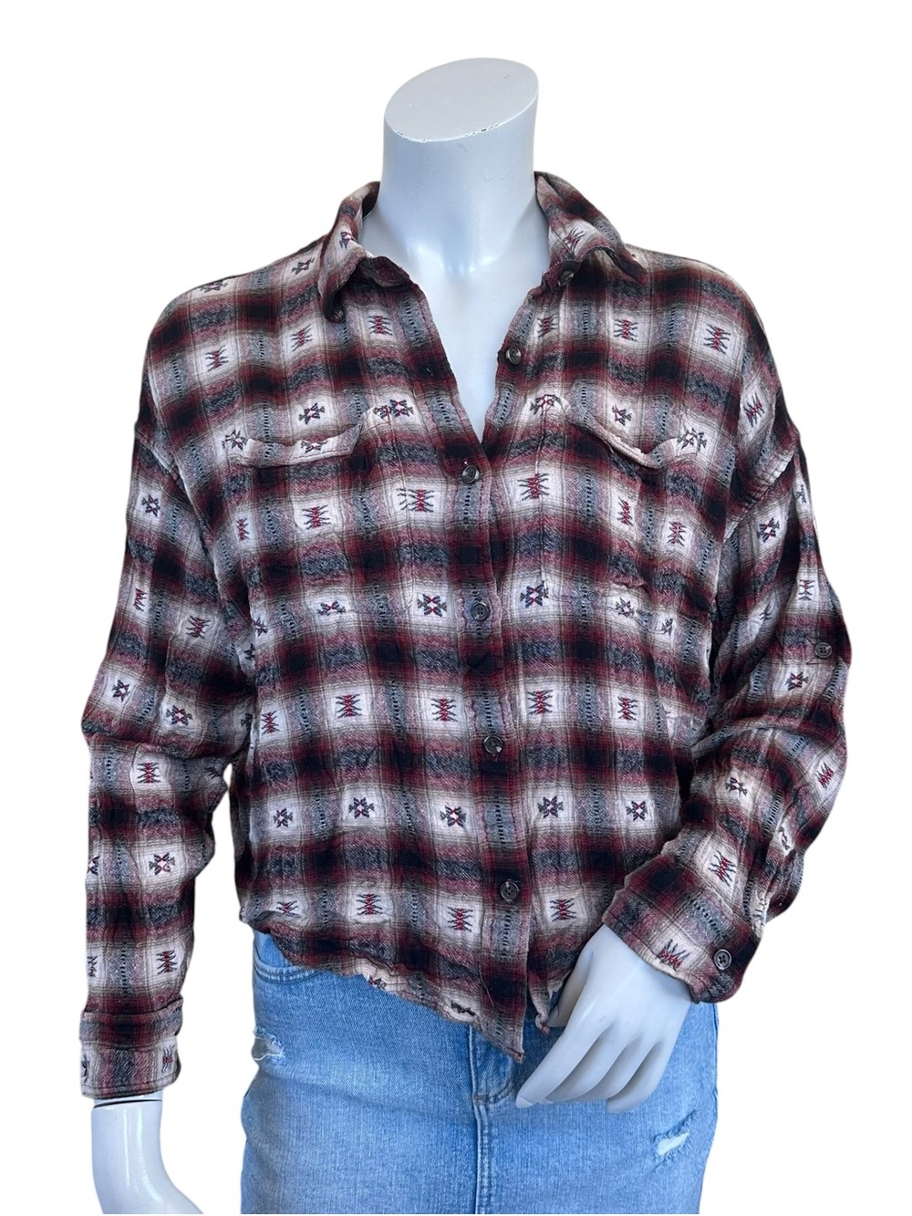 Denim & Supply Ralph Lauren Red Cream Green Southwestern Boxy Plaid Top Small
